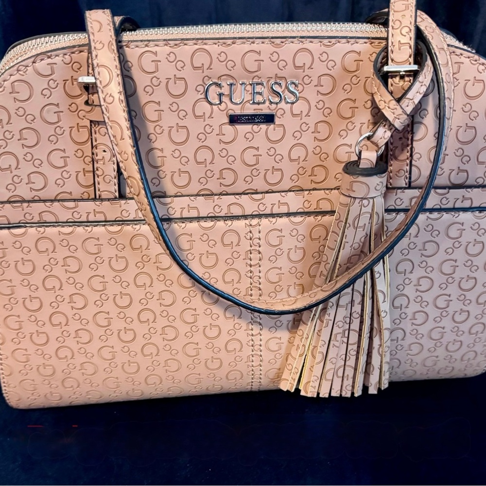 Guess Tan Shoulder Bag with Monogram and Tassel Charm
